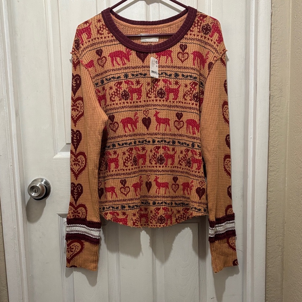 We The Free Burgundy and Beige Long Sleeve Top